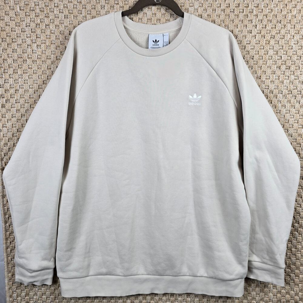 Adidas Sweatshirt Mens XL Cream Beige Fleece Trefoil Logo Crewneck Oversized